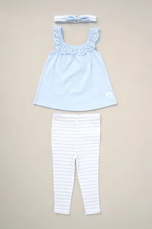 LILY & JACK Girls 100% Cotton Broderie Top Stripe Leggings And Headband Outfit Set 3 Piece