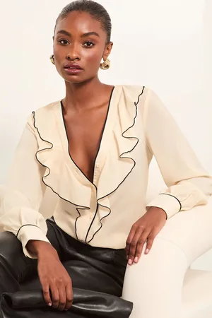 Lipsy London Womens Ivory Tipped V Neck Ruffle Long Sleeve Blouse