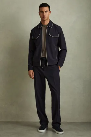 Reiss Mens Navy/Ivory Stripe Roy Relaxed Contrast Pipe Detail Jacket