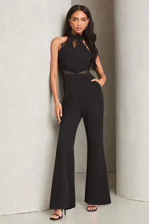 Lipsy London Black Lace Insert Halter Tailored Jumpsuit AU 16