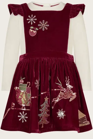 Monsoon Girls Baby Top and Velvet Christmas Pinafore Dress Set