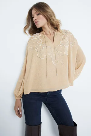 River Island Womens Long Sleeve Tie Neck Pearl Embellished 100% Cotton Blouse