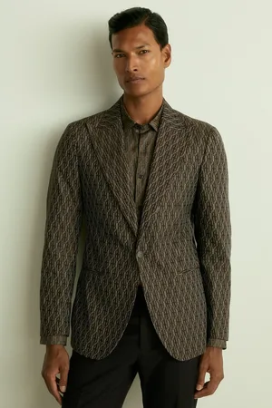 Reiss Mens Chocolate Delt Monogram-Jacquard Twill Blazer