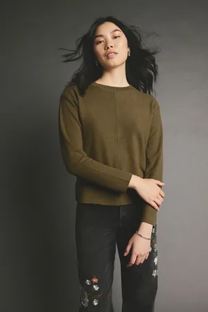 Next Womens Olive Khaki Cosy Soft Touch Rib Seam Detail Crew Neck Jumper
