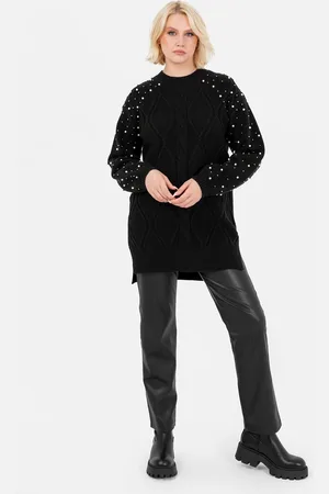 Lovedrobe Womens Pearl Embellished Long Length Cable Knit Jumper