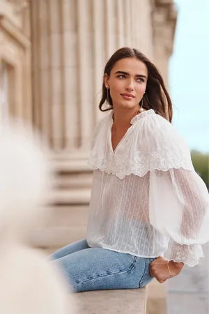 Next Womens Ivory Sheer Cape Tie Neck Embroidered Blouse