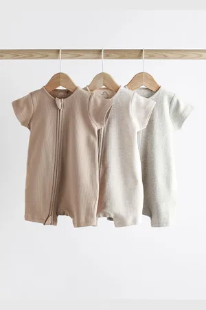 Next Neutral Baby Two Way Zip 100% Cotton Rompers 3 Pack (0mths-3yrs)