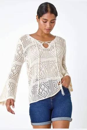 Roman White Crochet Tie Front Tunic Top AU 16