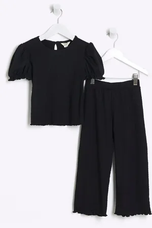 River Island Girls Girls Puff Sleeve 100% Cotton Textured Top And Trousers Set