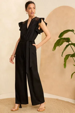 Love & Roses Womens Cutwork Flutter Sleeve Jumpsuit With Linen