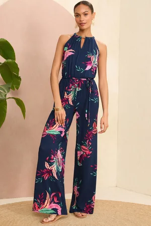 Love & Roses Womens Tropical Halter Neck Jersey Jumpsuit