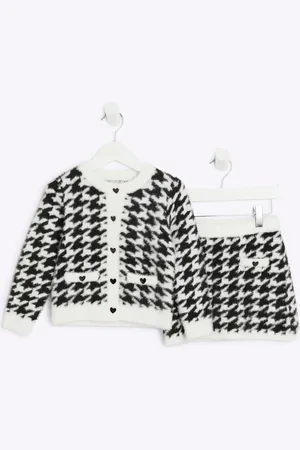 River Island Girls Girls 100% Cotton Dogtooth Fluff Cardigan And Skirt Set