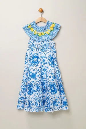MISS Girls 100% Cotton Tile Print Dress With Lemon Detail