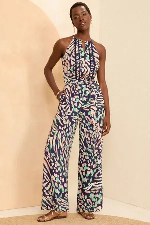 Love & Roses Womens Animal Printed Lace Trim Halter Neck Jumpsuit