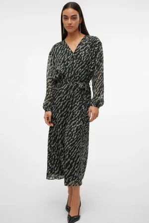 VERO MODA Chiffon Belted Animal Midi Dress AU 6