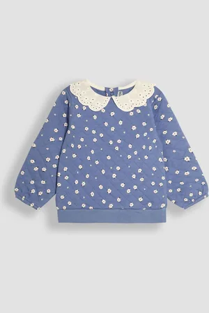 JoJo Maman Bébé Girls Cornflower Daisy Floral Broderie Collar Quilted Sweatshirt