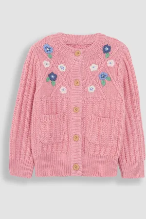 JoJo Maman Bébé Girls Rose Embroidered Cosy Cable Cardigan