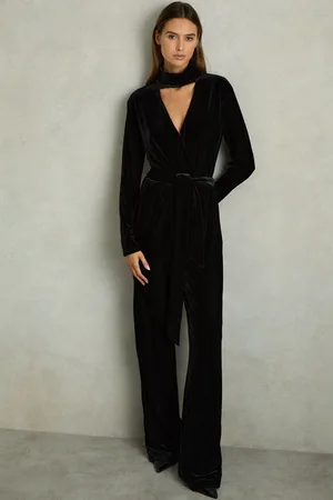 Reiss Black Vera Velvet Belted Wide Leg Jumpsuit AU 16