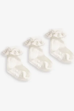JoJo Maman Bébé Cream 3-Pack Frilly Socks Upto 6 Months (50