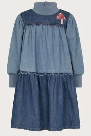 Monsoon Girls Long Sleeves Tiered Denim 100% Cotton Dress