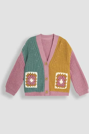 JoJo Maman Bébé Girls Duck Egg Blue Crochet Pocket Cardigan