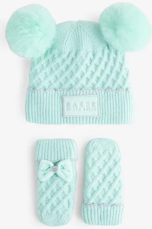 Ted Baker Girls Girls Cream Double Pom Eared Hat and Mittens Set