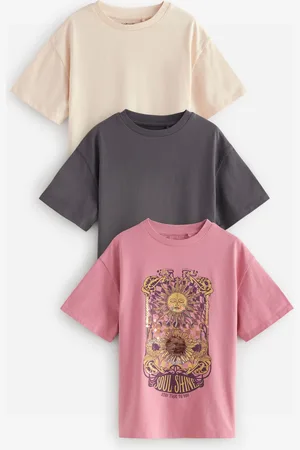 Next Girls /Cream/Charcoal Oversized Sequin Celestial 100% Cotton T-Shirts 3 Pack (3-16yrs)
