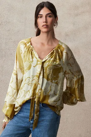 Next Womens Olive Abstract Print Gathered Tie Neck Volume Sleeve Blouse