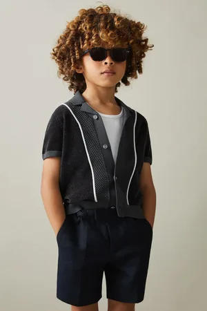 Reiss Boys Steel Blue Meastro 9-13 yrs Hybrid Velour Cuban Collar Shirt