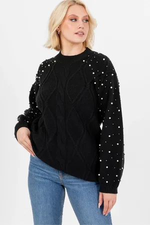 Lovedrobe Womens Pearl Embellished Long Length Cable Knit Jumper