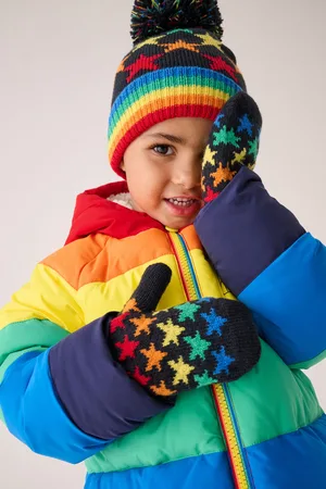 Little Bird Girls Navy Rainbow Striped Mittens/Gloves Set