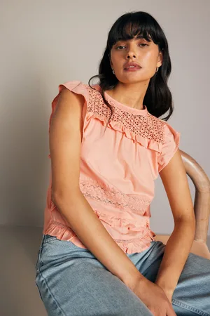 Next Womens Peach Pink Frill Sleeve Lace Insert Summer Blouse