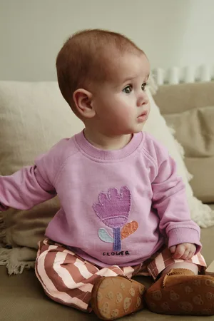 Next Girls Lilac Flower/ Stripe Baby 100% Cotton Sweat and Wide Leg Trousers Set