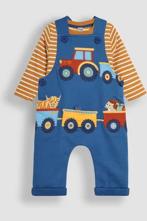 JoJo Maman Bébé Boys Tractor & Trailer Appliqué Dungarees & Top Set