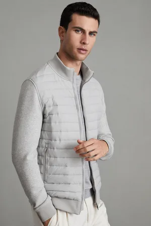 Reiss Mens Soft Melange Freddie Hybrid Quilt and Knit Zip-Through Jacket