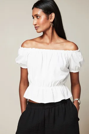 Next Womens 100% Cotton Bardot Puff Sleeve Blouse