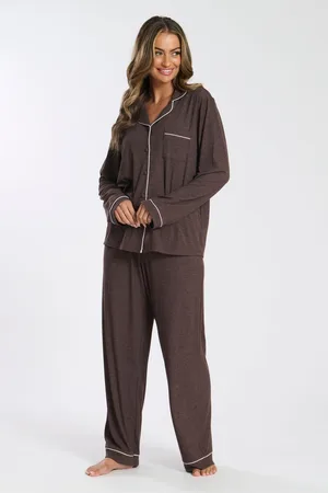 Loungeable Brown Soft Jersey Ribbed Button Through Long Chocolate Pyjamas S