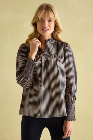 Joules Womens Mariella Navy Stripe Cotton Frill Neck Blouse