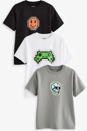 Next Boys /White/Grey Pixel Regular Fit Graphic 100% Cotton Short Sleeve T-Shirts 3 Pack (3-16yrs)