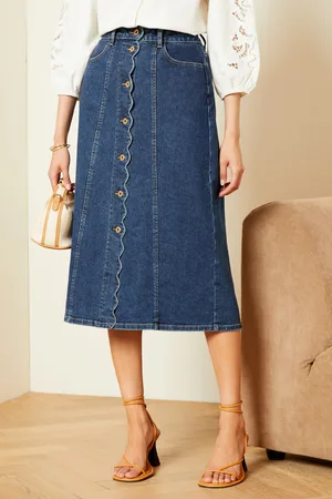 Love & Roses Womens Petite Denim Scallop Button Through Midi Skirt