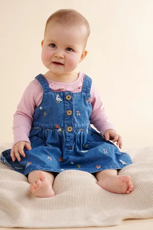 Purebaby Girls Denim Duck Pattern Embroidered 100% Cotton Dress