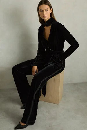 Reiss Black Vera Petite Velvet Belted Wide Leg Jumpsuit AU 16