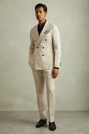 Reiss Mens Oatmeal Halgas Linen Double Breasted Modern Fit Blazer