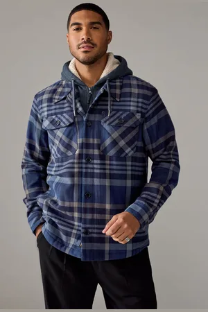 Next Mens Navy Check Hooded Borg Lined Shacket