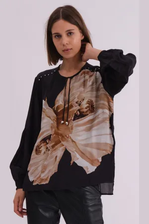 Religion Womens Twist Blouse With Large Abstract Floral Print Placement And Neck Tie