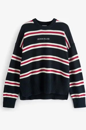 Guess Womens Navy Stripe Logo Knit 100% Cotton Jumper