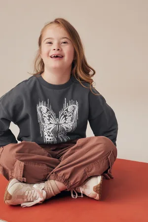 Next Girls Charcoal Sequin Butterfly Boxy 100% Cotton Sweatshirt (3-16yrs)