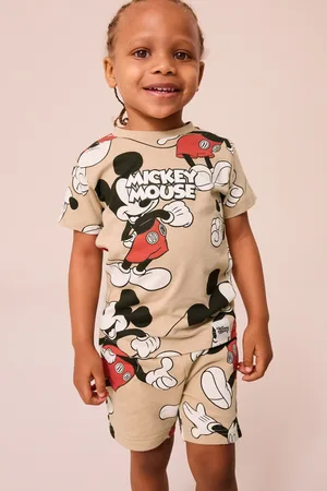 Disney Boys Neutral Tan Mickey Mouse 100% Cotton All Over Printed T-Shirt and Shorts License Set (3mths-8yrs)