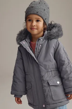 Next Girls Charcoal Shower Resistant Frill Pocket Parka Coat (3mths-7yrs)