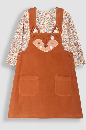 JoJo Maman Bébé Girls Fox Appliqué Cord Dress & Floral Top Set